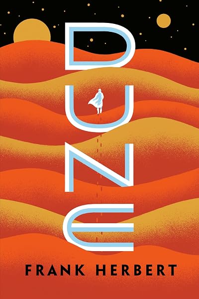Dune cover: a lone figure walking across orange dunes